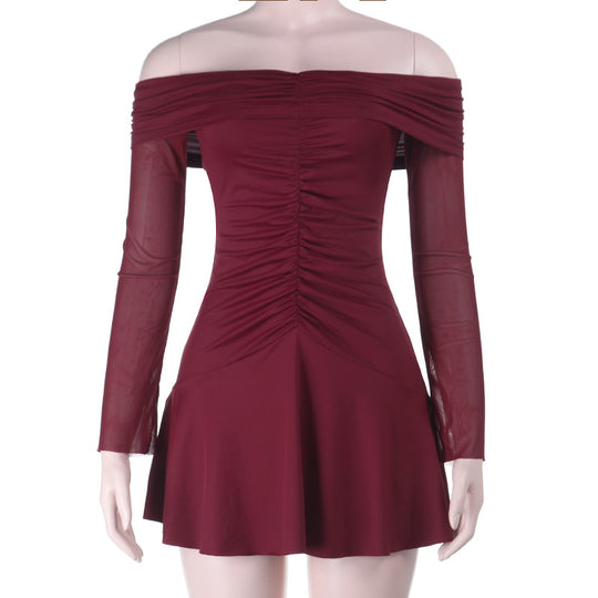 Damen Off-Shoulder Skaterkleid mit geraffter Vorderpartie und transparenten Mesh-Ärmeln Shop Nory