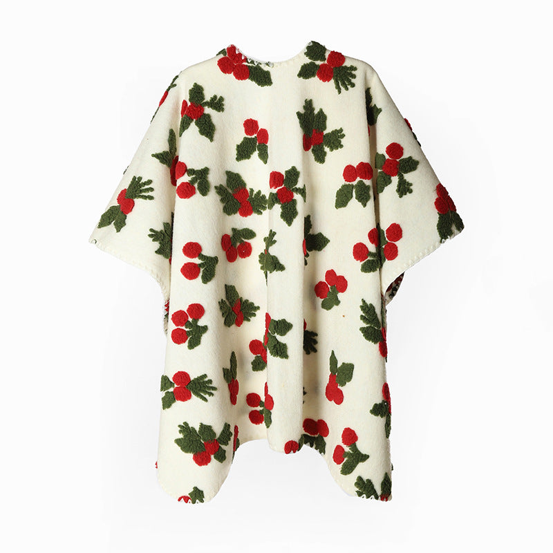Damen Wolloptik-Poncho mit geprägtem Beeren-Jacquard und offenem Wasserfall-Schnitt Shop Nory