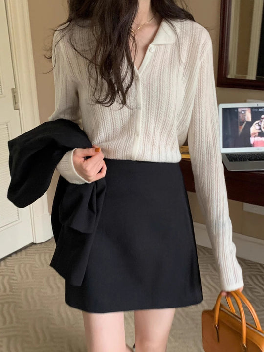 Damen Leichter Ajourstrick-Knopfccardigan mit Hemdkragen und feiner Zopfmusterstruktur Shop Nory