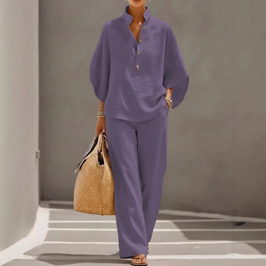 Damen Lockeres Leinenoptik-Zweiteiler mit Stehkragenbluse und weitem Palazzo-Hose Shop Nory