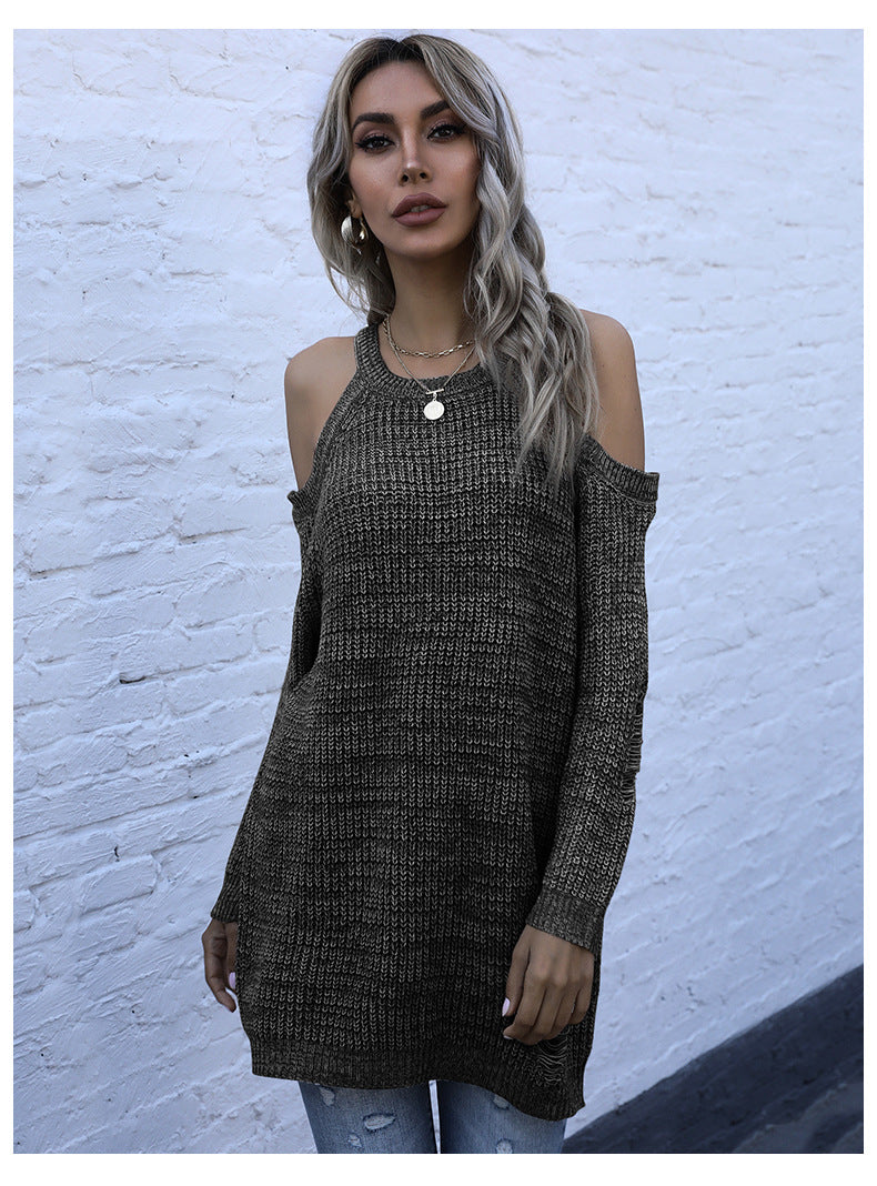 Damen Schulterfreier Grobstrickpullover mit Cut-Out-Detail, Oversize-Passform und geripptem Saum Shop Nory