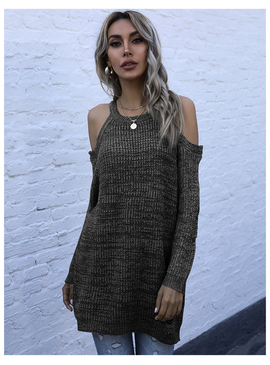 Damen Schulterfreier Grobstrickpullover mit Cut-Out-Detail, Oversize-Passform und geripptem Saum Shop Nory