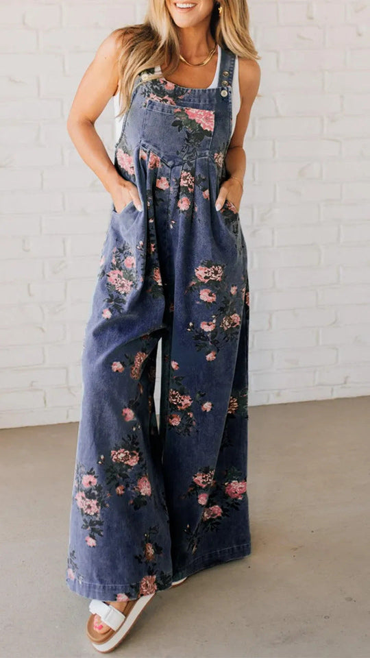 Damen Lässiger Denim-Hosenanzug mit floralem Print und weiten Beinen