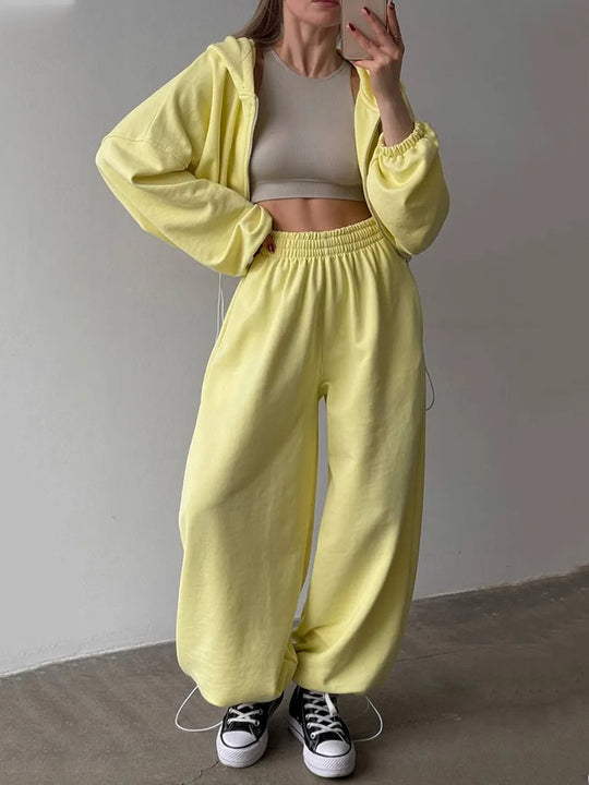 Damen Loungewear-Set Shop Nory mit tailliertem Kordelzug-Cropped-Hoodie und weiter High‑Waist Palazzo-Jogginghose