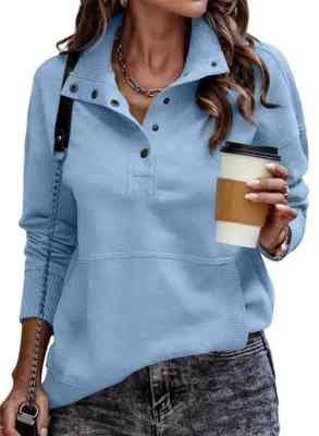 Damen Sweatpullover mit Stehkragen-Knopfleiste und Kängurutasche Shop Nory