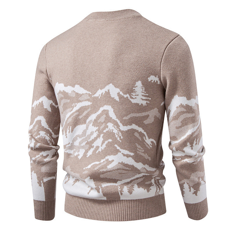 Herren Strickpullover mit Bergmotiv und hohem Kragen