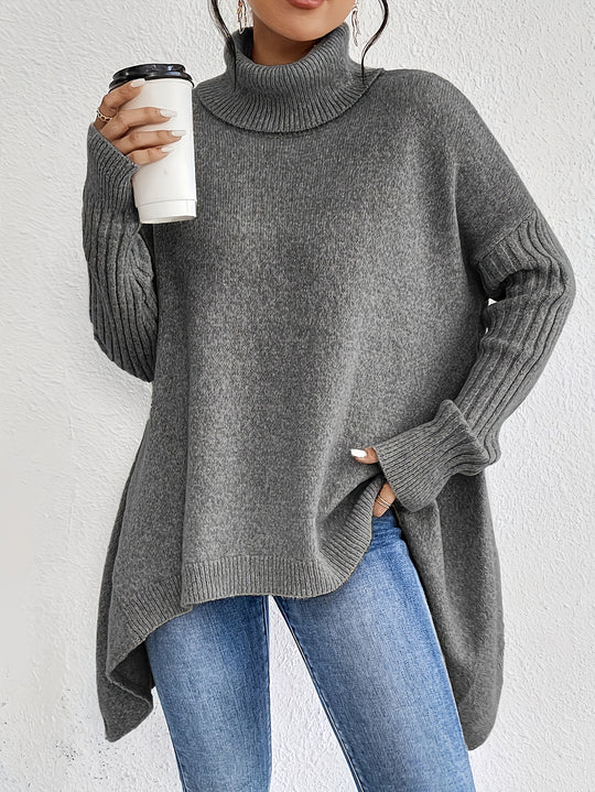 Damen nan Oversize Strickpullover mit hohem Rollkragen, gerippten Ärmeln und asymmetrischem Saum Shop Nory