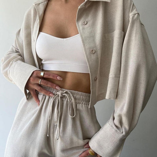 Damen Leinenoptik-Loungewear-Set mit Cropped-Overshirt und High-Waist-Tunnelzughose Shop Nory