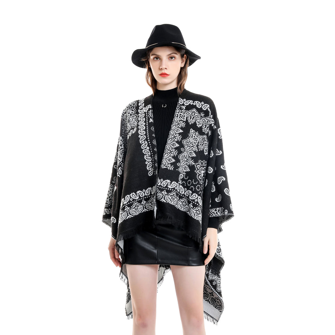 Damen Jacquard-Umhangponcho mit Paisley-Muster und Fransen Shop Nory