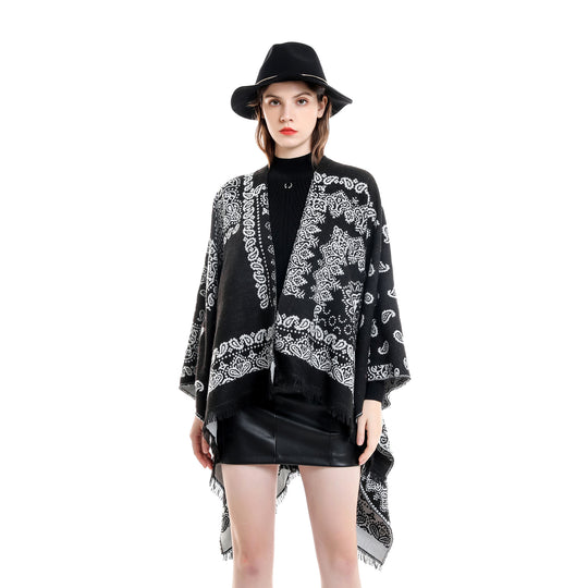 Damen Jacquard-Umhangponcho mit Paisley-Muster und Fransen Shop Nory