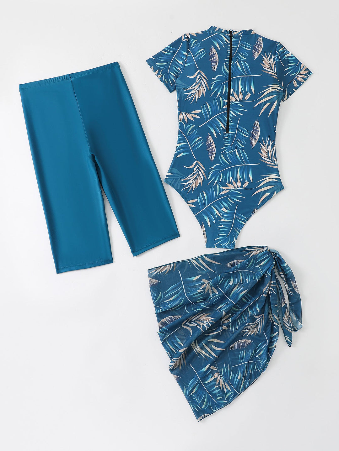 Damen Sportlicher Einteiler Badeanzug mit ergänzenden Leggings und Wickelrock