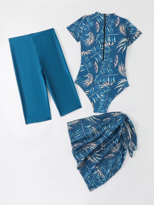 Damen Sportlicher Einteiler Badeanzug mit ergänzenden Leggings und Wickelrock