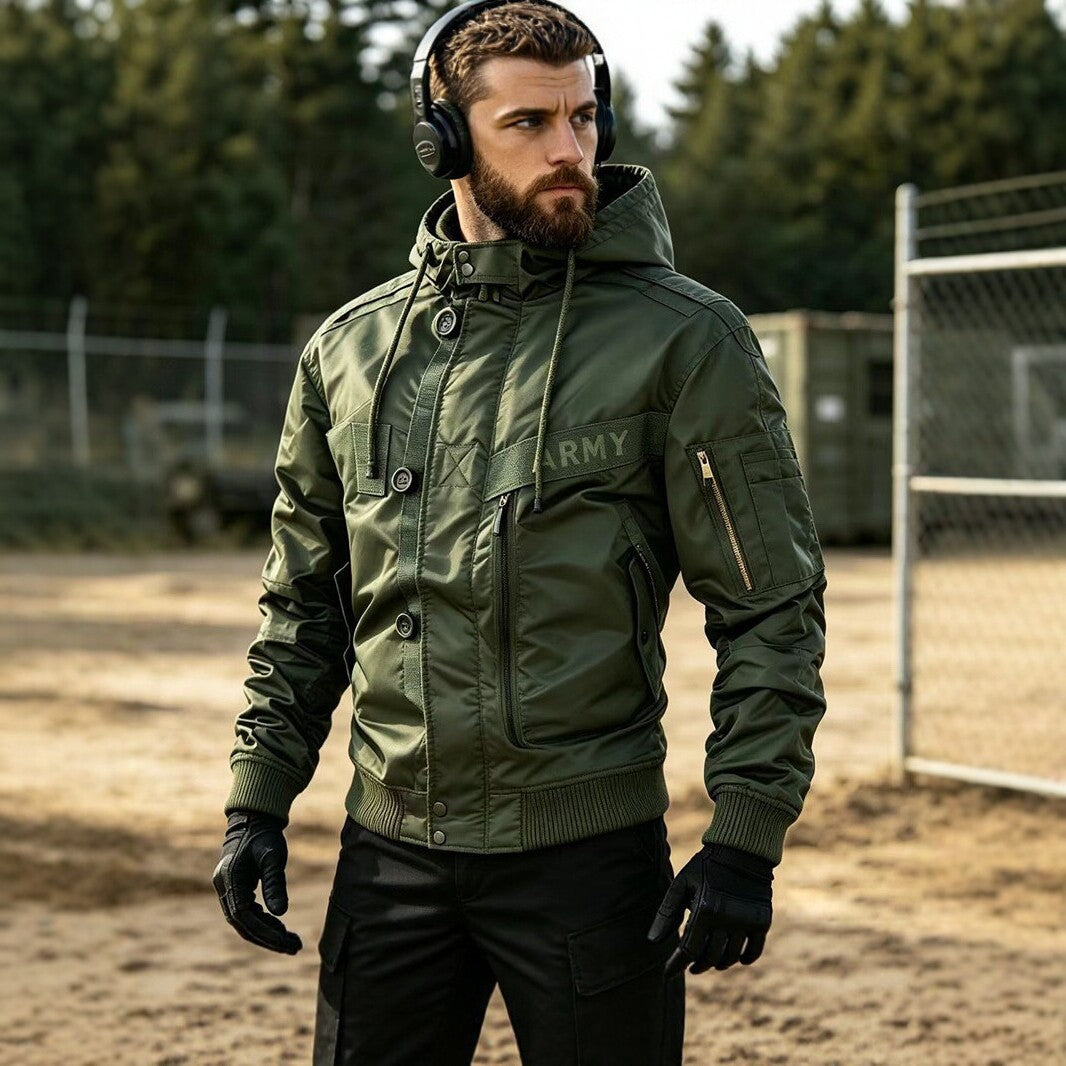 Herren Militärinspirierte Kapuzen-Bomberjacke mit Utility-Taschen Shop Nory
