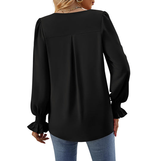 Damen V-Ausschnitt Bluse mit Kellerfalte und gerafften Manschetten Shop Nory