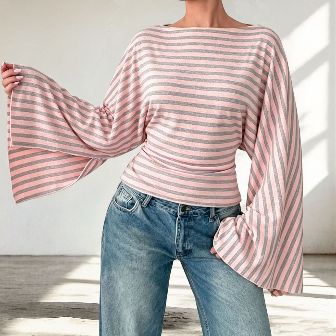 Damen Gestreiftes Shirt mit Carmenausschnitt, taillierter Silhouette und Trompetenärmeln Shop Nory