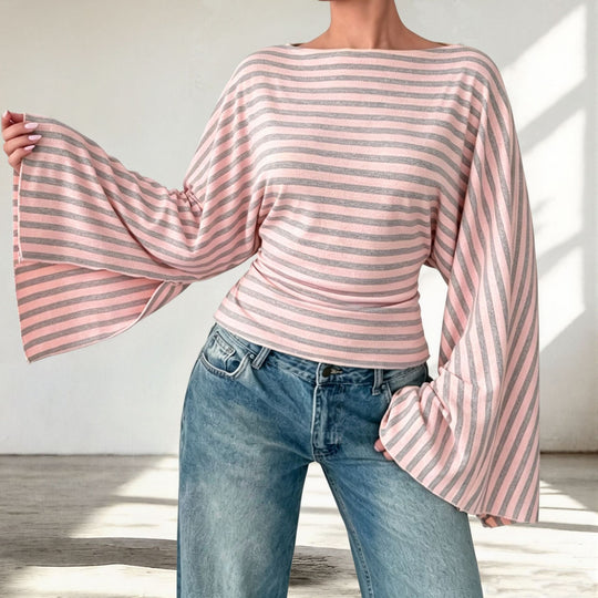 Damen Gestreiftes Shirt mit Carmenausschnitt, taillierter Silhouette und Trompetenärmeln Shop Nory