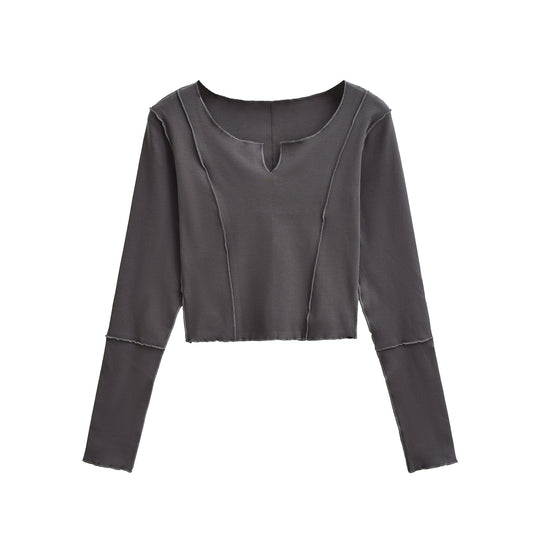 Damen Kurzes Langarmshirt mit sichtbaren Rollnähten und Notch-Ausschnitt Shop Nory