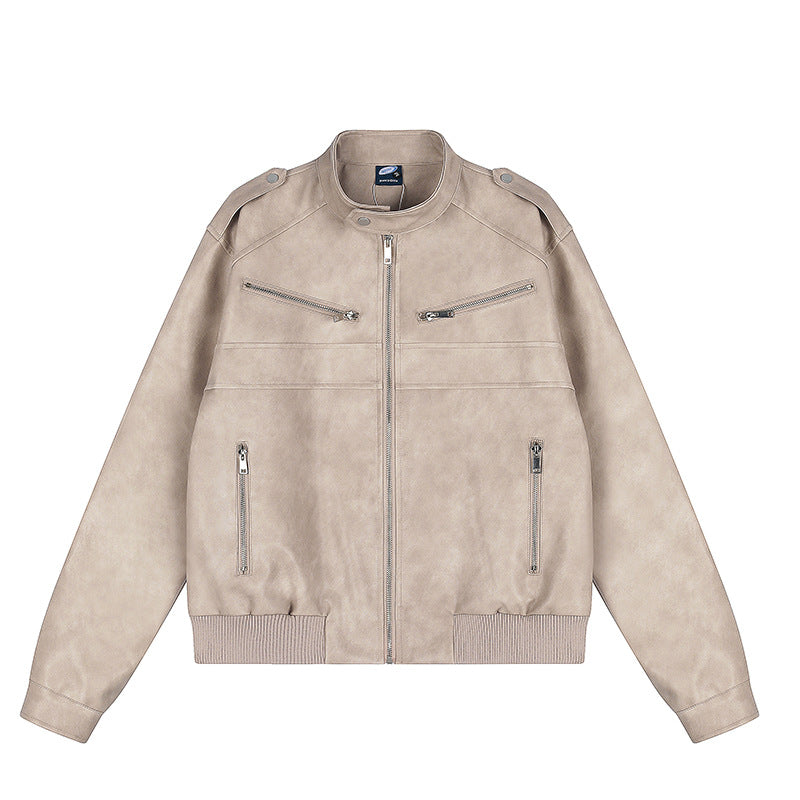 Damen kurz geschnittene Kunstleder‑Bomberjacke mit Stehkragen, Schulterklappen und geripptem Saum Shop Nory