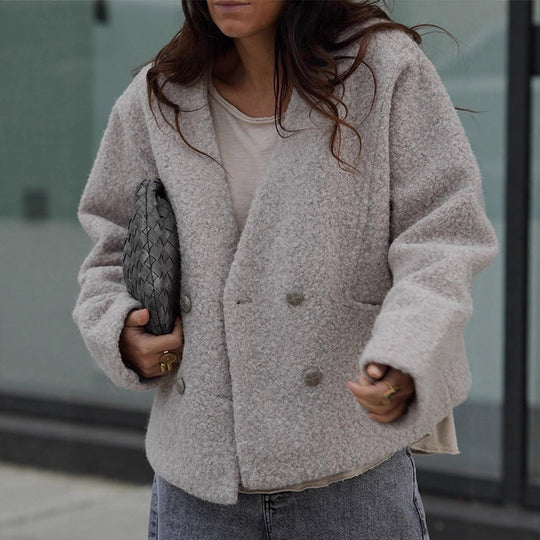 Damen Kurze Teddyjacke mit Doppelknopf-Verschluss und V‑Ausschnitt Shop Nory