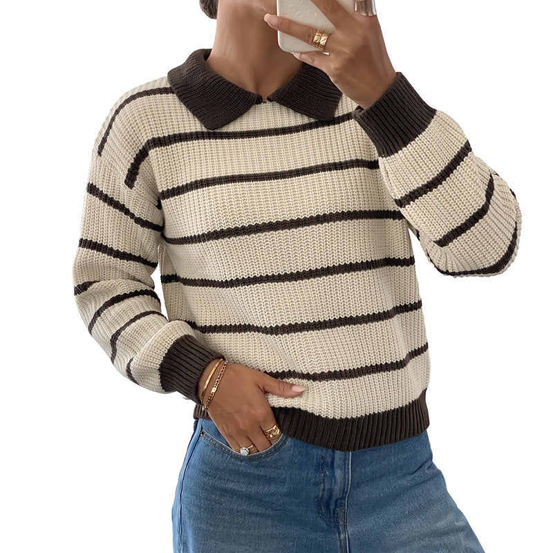 Damen Modischer Strickpullover mit Kragen und Blockstreifen Shop Nory