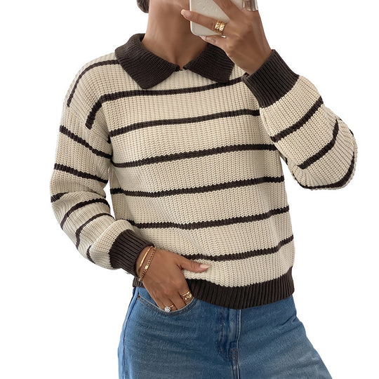 Damen Modischer Strickpullover mit Kragen und Blockstreifen Shop Nory