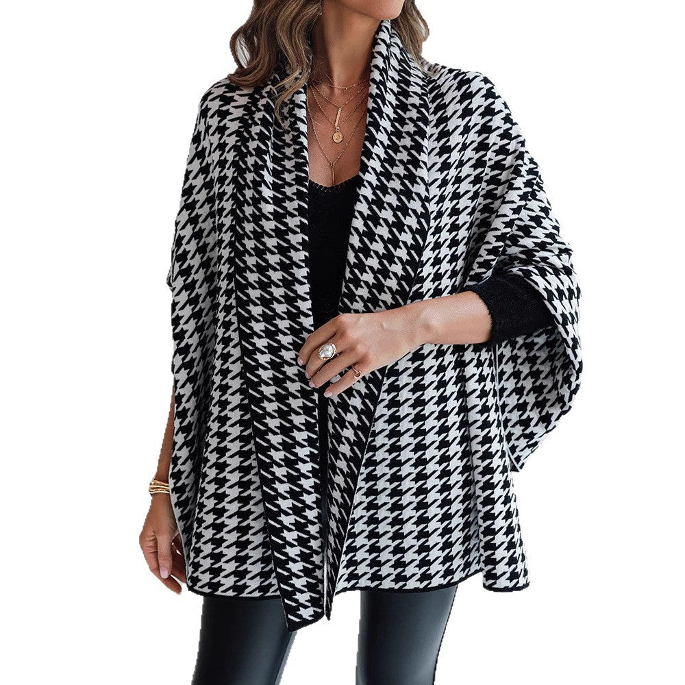Damen Oversized Poncho mit Hahnentritt-Muster und offenem Schalkragen Shop Nory