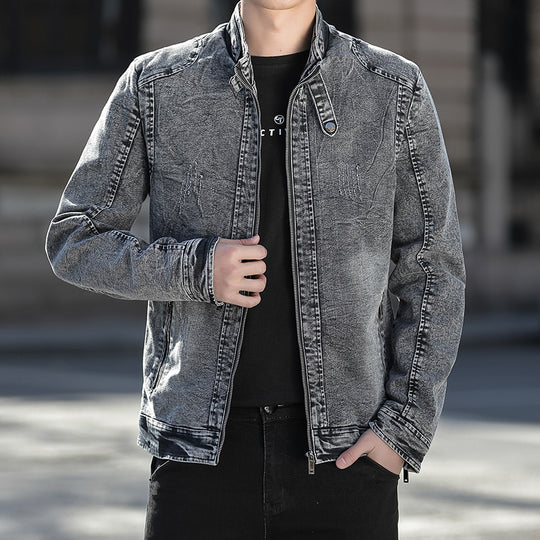 Herren Slim-Fit gewaschene Denim-Jacke mit Stehkragen und Reißverschluss Shop Nory