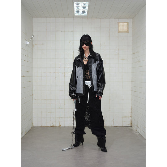 Unisex Boxy-Blouson aus Lederimitat und Wollmix mit Westernstickerei Shop Nory