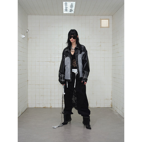 Unisex Boxy-Blouson aus Lederimitat und Wollmix mit Westernstickerei Shop Nory