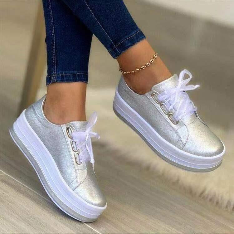 Damen Plateau-Sneaker aus luxuriösem, schimmerndem Material mit bequemer Schnürung