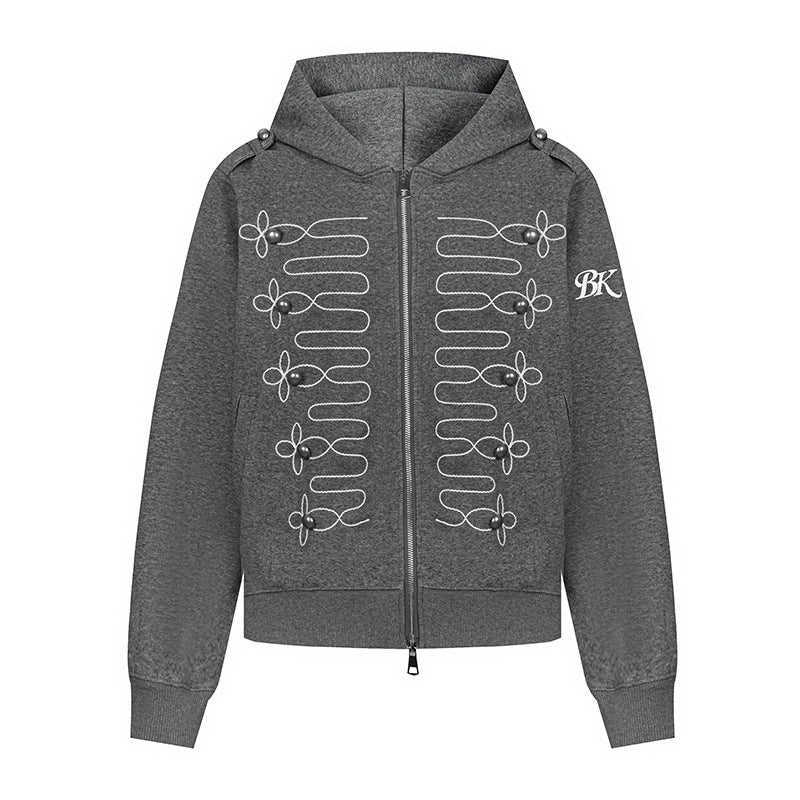 Damen Kapuzen‑Sweatjacke mit dekorischer Frogging‑Stickerei und Perlenknöpfen Shop Nory