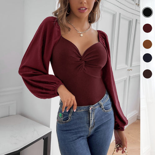 Damen Taillierter Body mit Herz-Ausschnitt, Knotenfront und Ballonärmeln Shop Nory