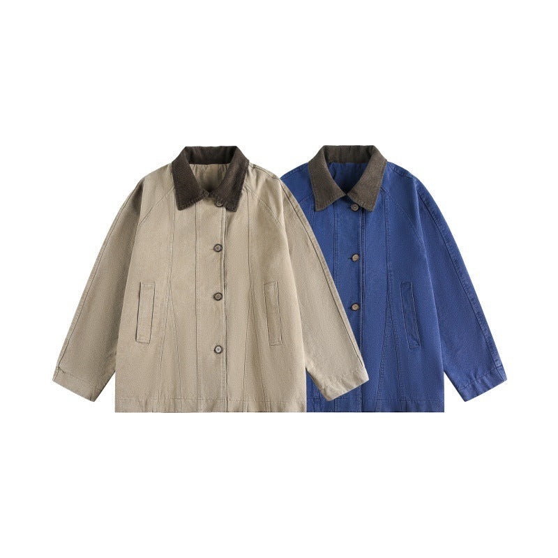 Unisex Kurz geschnittener Boxy-Jeansblouson mit Cordkragen und tonalen Ziernähten Shop Nory