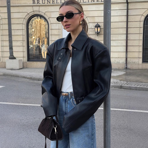 Damen Kurzgeschnittene Oversize-Lederjacke mit Hemdkragen, Cropped‑Silhouette und extraweiten Ärmeln Shop Nory