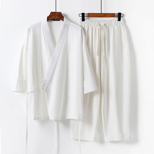 Unisex Leichtes Kimono-Lounge-Set aus weichfallendem Baumwoll-Mix mit Tunnelzughose Shop Nory