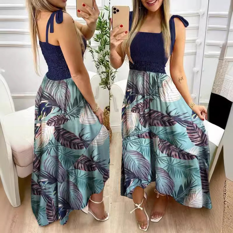 Damen Maxikleid mit Blumenmuster und elastischem Oberteil Shopnory