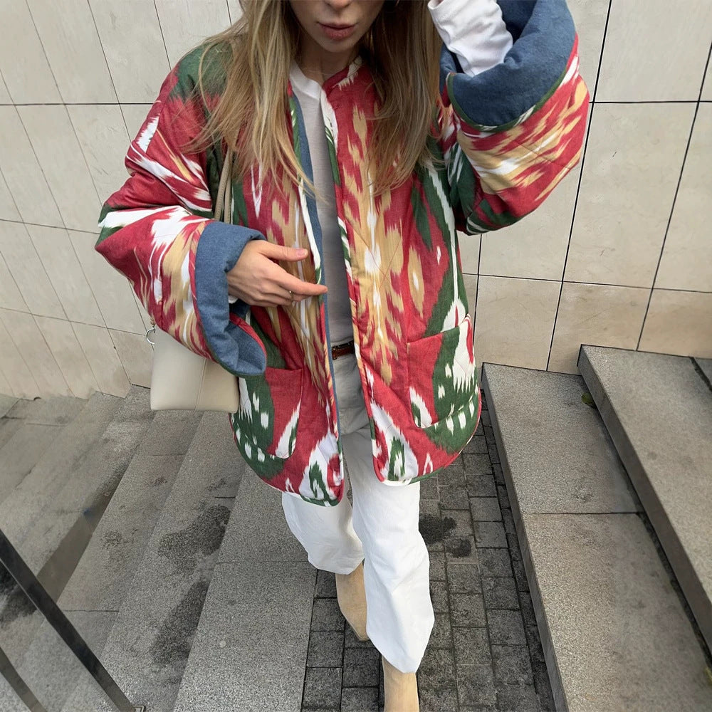 Damen Stepp-Kimonojacke mit Ikat-Print, Oversize‑Schnitt und kontrastierenden Bündchen Shop Nory