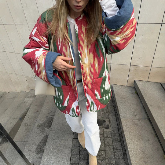 Damen Stepp-Kimonojacke mit Ikat-Print, Oversize‑Schnitt und kontrastierenden Bündchen Shop Nory