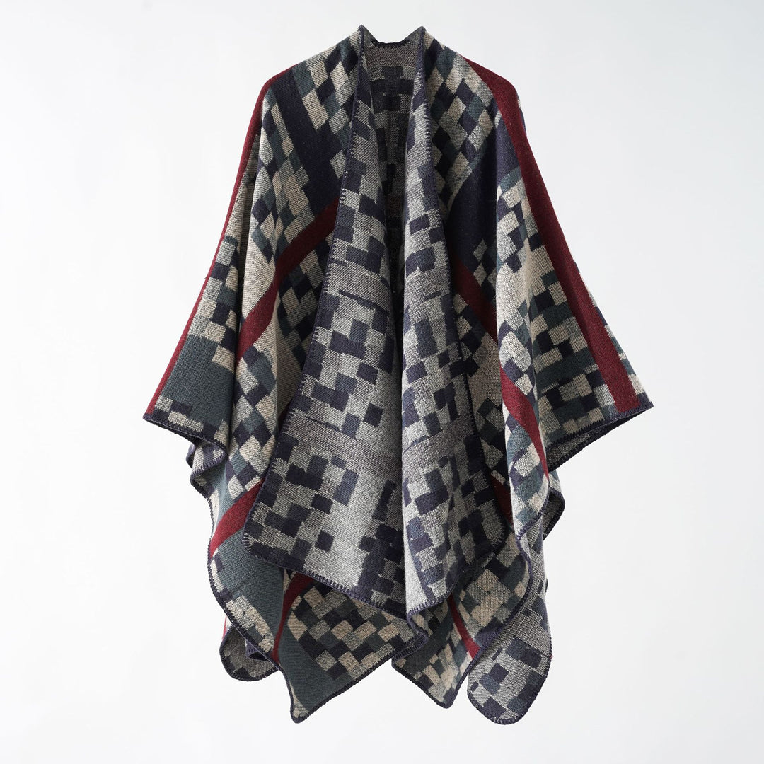 Damen Kastiger Webponcho mit grafischem Jacquard und Kettelkante Shop Nory