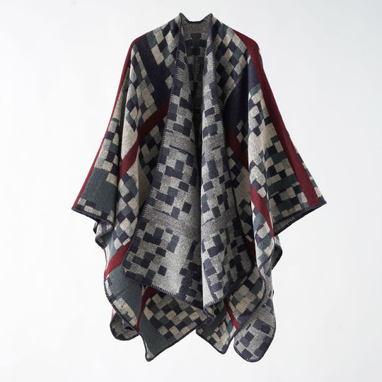 Damen Kastiger Webponcho mit grafischem Jacquard und Kettelkante Shop Nory
