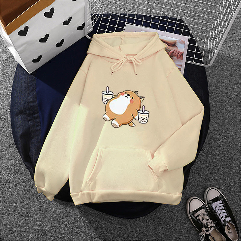 Damen nan niedlicher Kapuzenpullover mit Kängurutasche, oversized Schnitt und Bubble‑Tea Corgi-Print Shop Nory