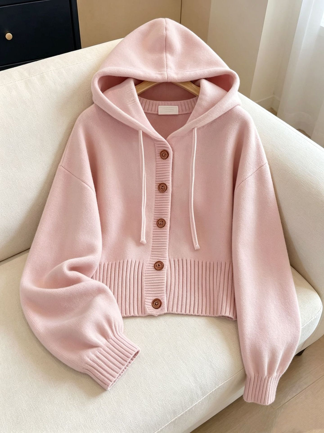 Damen Kapuzen-Strickcardigan mit Knopfleiste, geripptem Bund und Oversize-Ärmeln Shop Nory