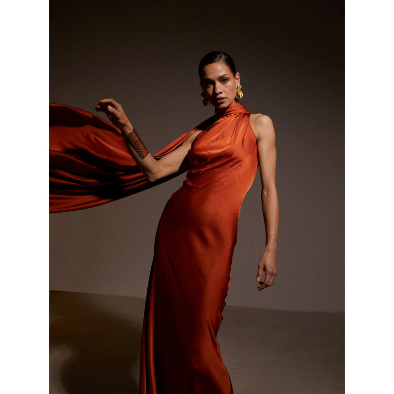 Damen elegantes Maxikleid mit asymmetrischem Oberteil und fließendem Schnitt Shopnory