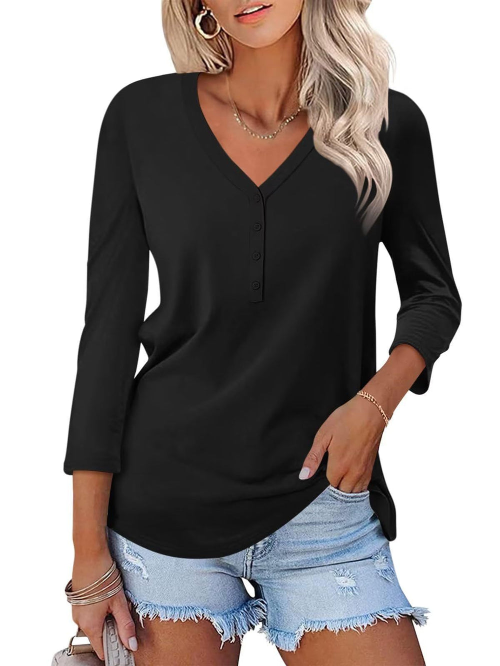 Damen Langarm T-Shirt mit Knopfleiste und V-Ausschnitt
