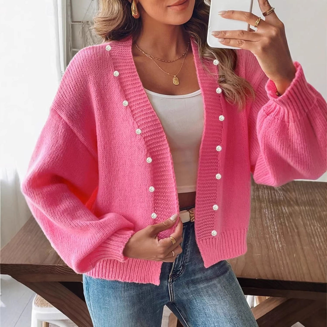 Damen grobstrick Cardigan mit Perlenknöpfen und Balloonärmeln Shop Nory