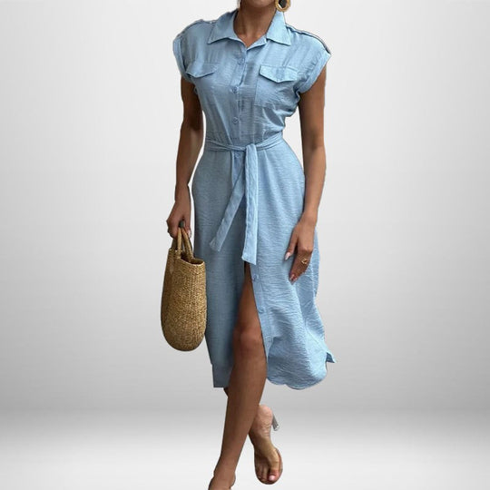 Damen Hemdblusenkleid mit schickem Bindegürtel und praktischen Pattentaschen Shopnory