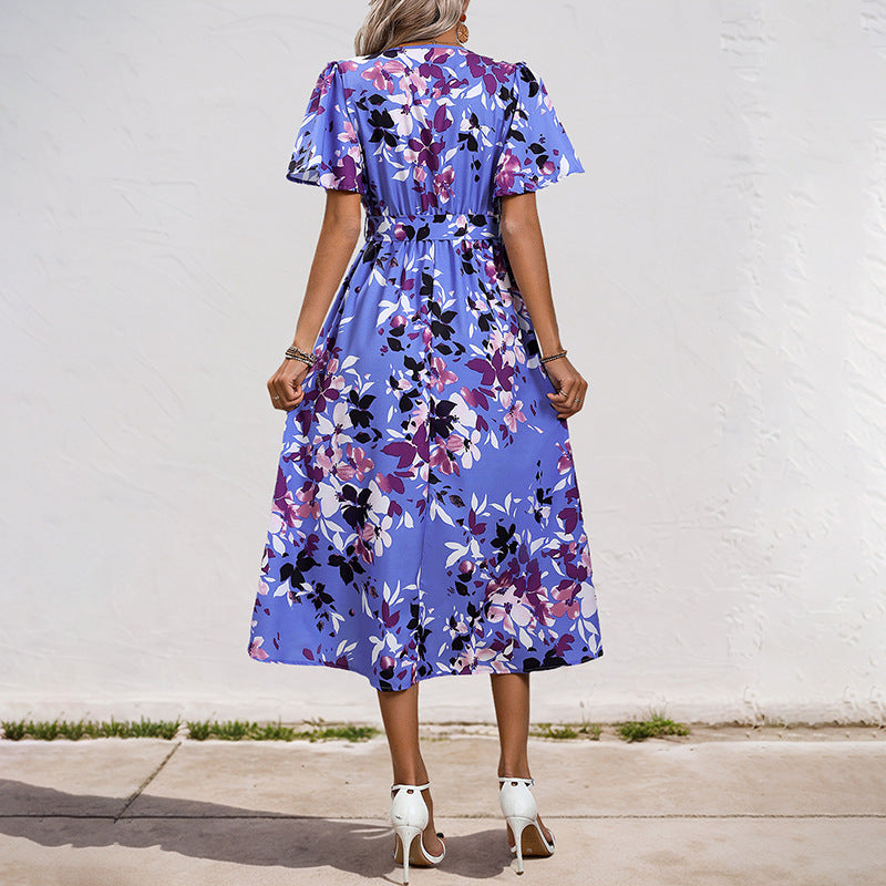 Damen Leichtes Chiffon-Midikleid Wickeloptik mit V-Ausschnitt, Taillenband und asymmetrischem Zipfelrock Shop Nory