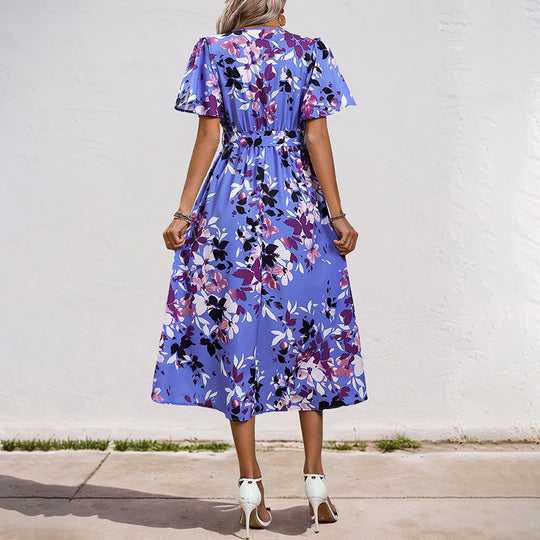 Damen Leichtes Chiffon-Midikleid Wickeloptik mit V-Ausschnitt, Taillenband und asymmetrischem Zipfelrock Shop Nory