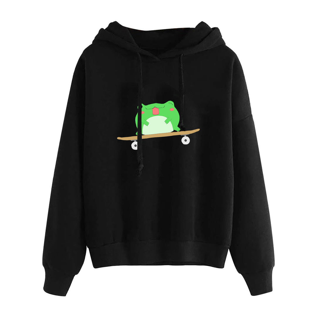 Damen nan kurz geschnittener Cropped-Kapuzenpullover mit niedlicher Frosch-Illustration und verstellbarer Kapuze Shop Nory