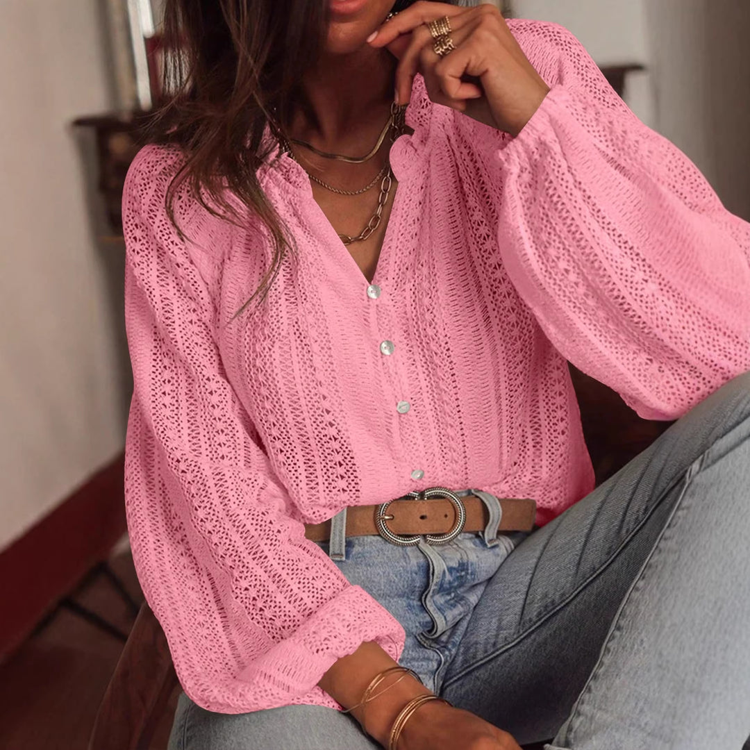 Damen Häkelbluse mit Knopfleiste und Ballonärmeln Shop Nory
